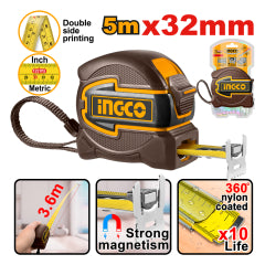 CINTA METRICA INGCO DE ACERO MM-PULG. C/ GANCHO DOBLE 5,0 MTS.#HSMT80532