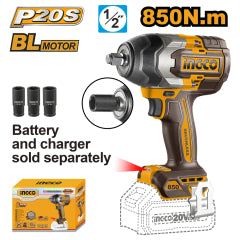 LLAVE IMPACTO INGCO INALAMBRICA 1/2" DR 20V S/BAT. S/CARGADOR #CIWLI20851 (C)