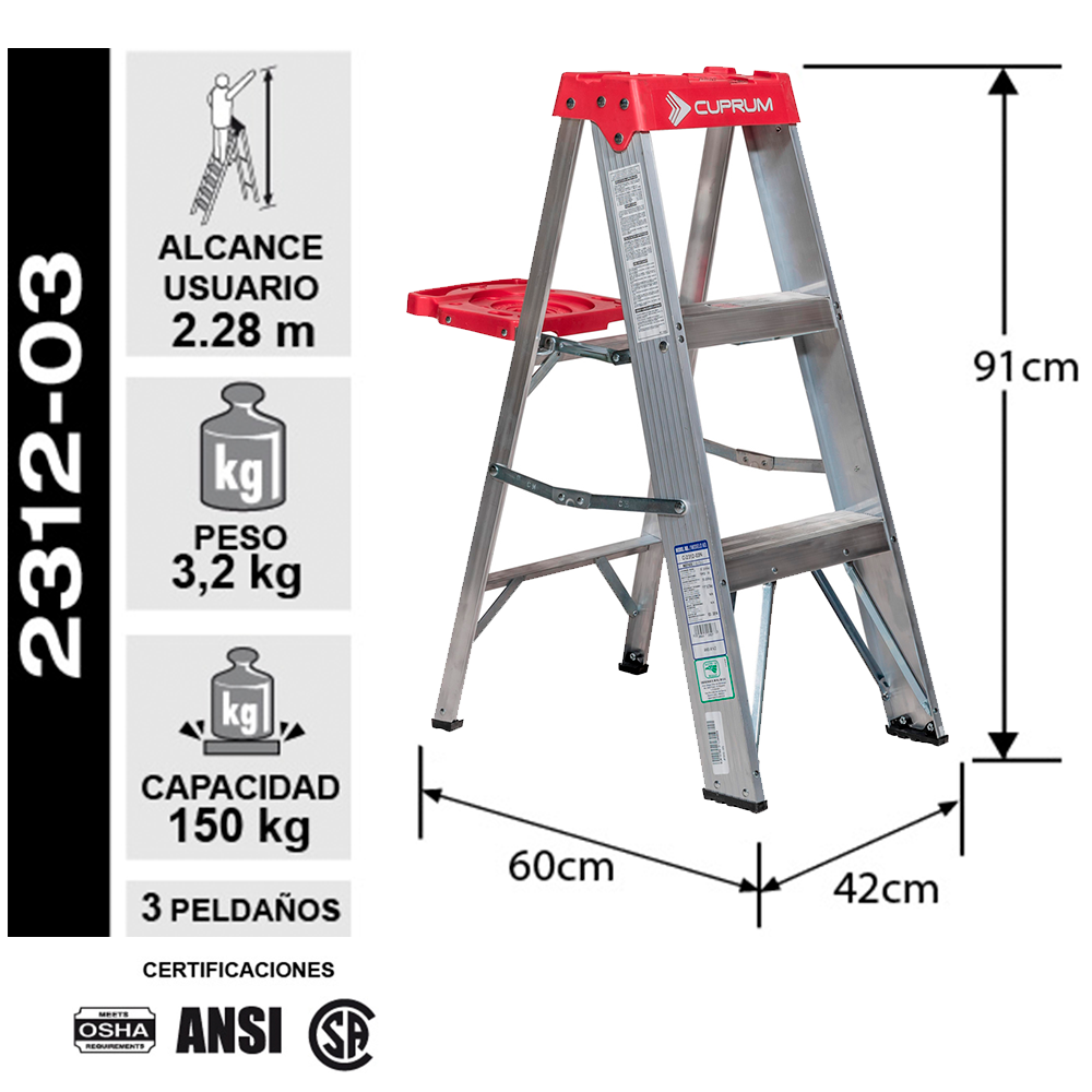 ESCALERA ALUMINIO TIJERA 3 PELDA OS 0.91 MTS 150 KG CUPRUM