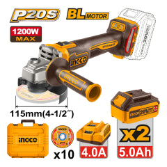 ESMERIL ANGULAR INGCO INALAMBRICO 20V C/ 2 BAT. Y C/1 CARGADOR 115MM # CAGLI2211532 (C)