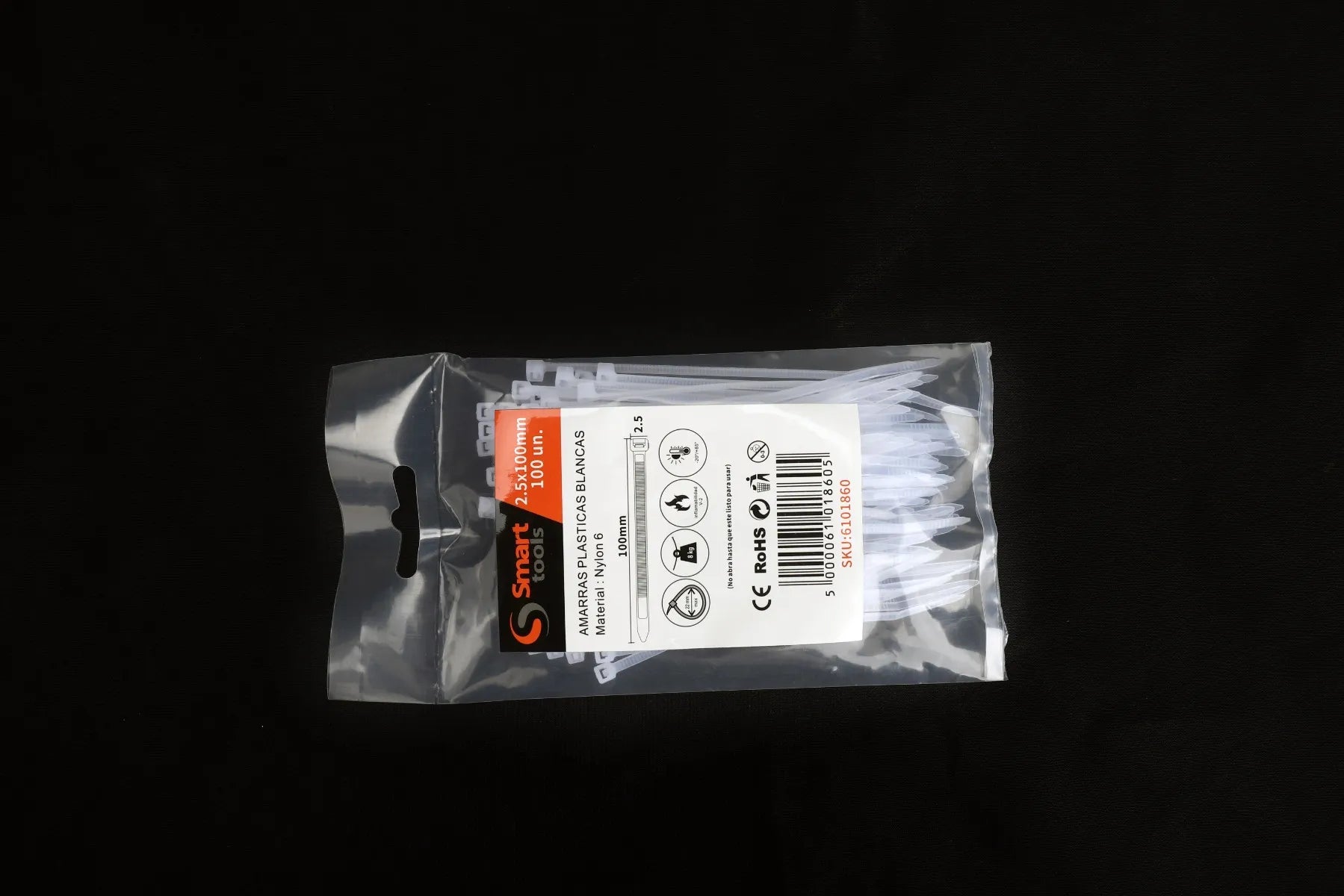 Amarra plastica blanca 2.5 x 100 mm x 100 unidades (*) - SMARTTOOLS