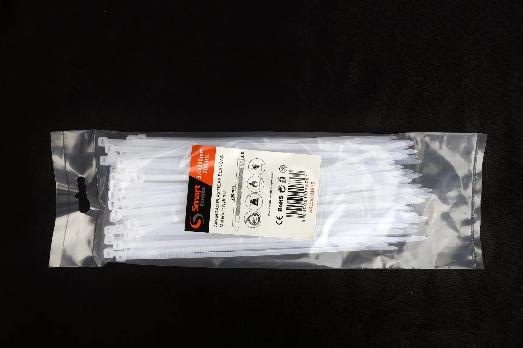 AMARRA PLASTICA BLANCA 3.6 x 200 mm x 100 unidades - SMART TOOLS