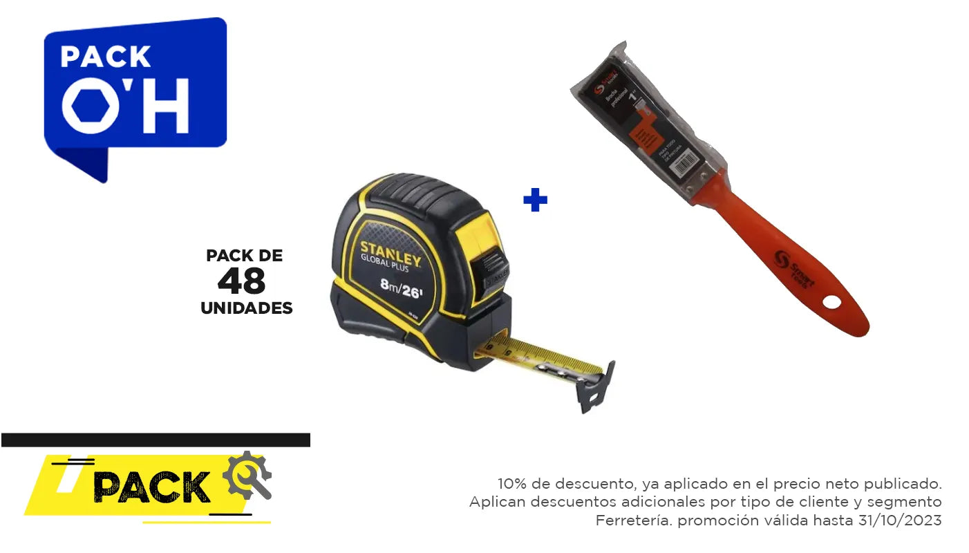 Pack 48 unidades, huincha 8.0 mts.x 1" global plus + brocha (STANLEY0007) - STANLEY
