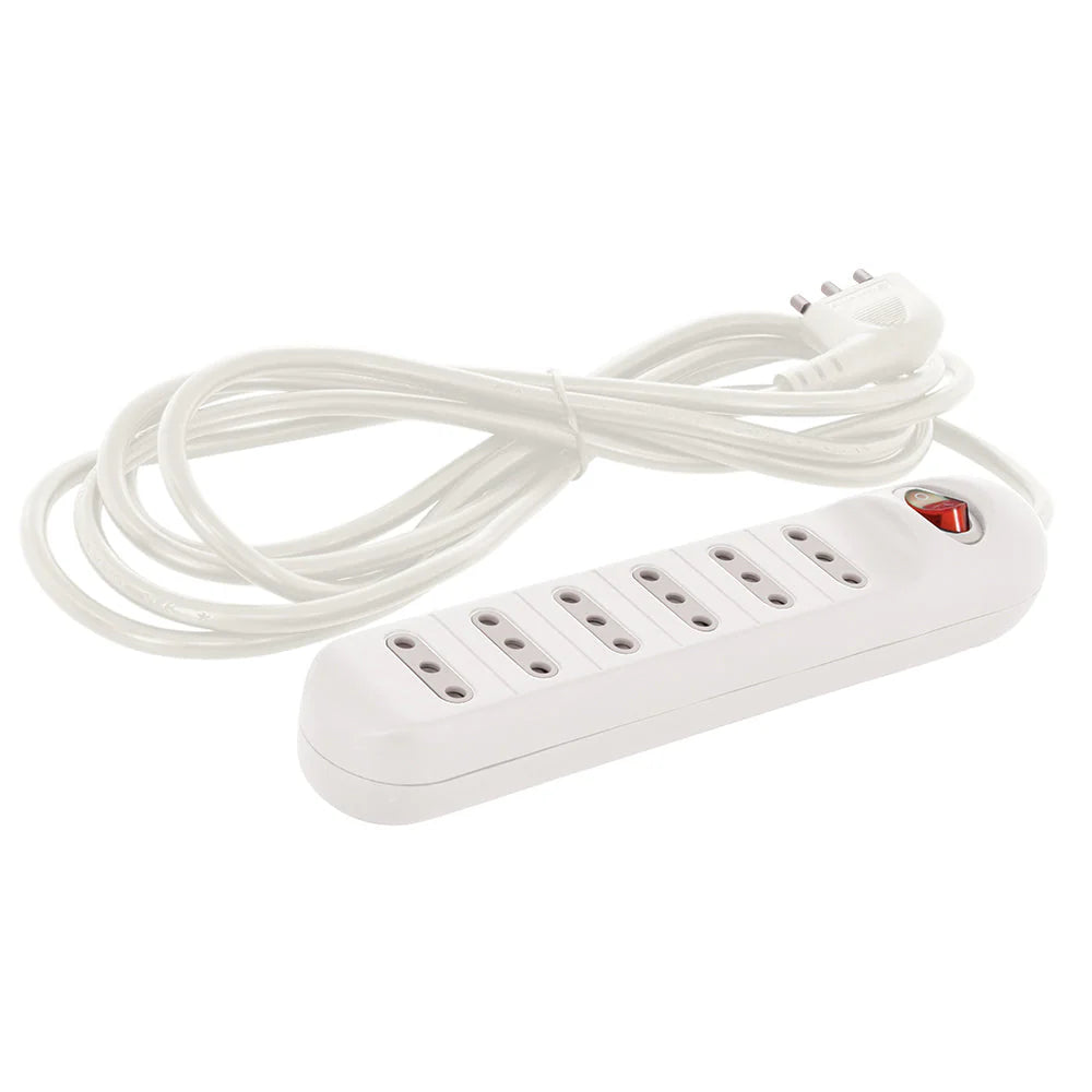 Alargador múltiple blanco 6 tomas, 3mts., con interruptor, 2P+T, 10A
