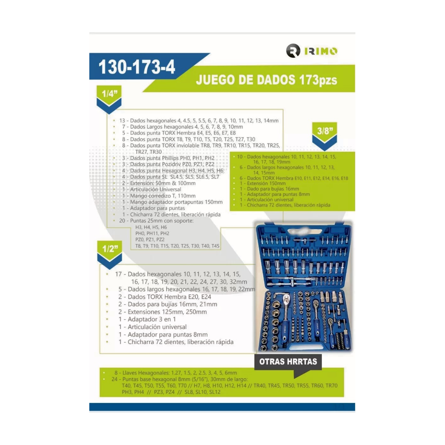 Set de dados 1/4" 3/8" 1/2" 173 piezas Irimo