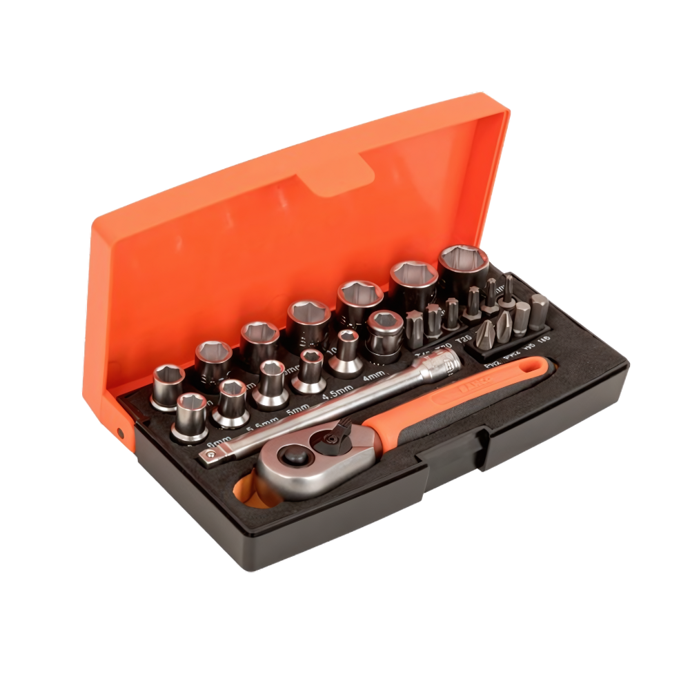 Kit mochila + dados hexagonales y puntas 1/4"+ chicharra 25 piezas Bahco