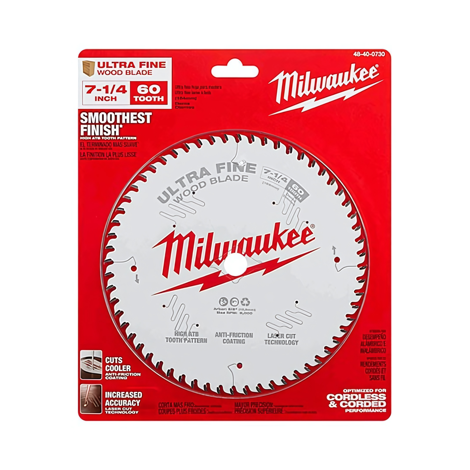 Disco sierra circular 7-1/4" de acabado ultra fino 60 dientes Milwaukee