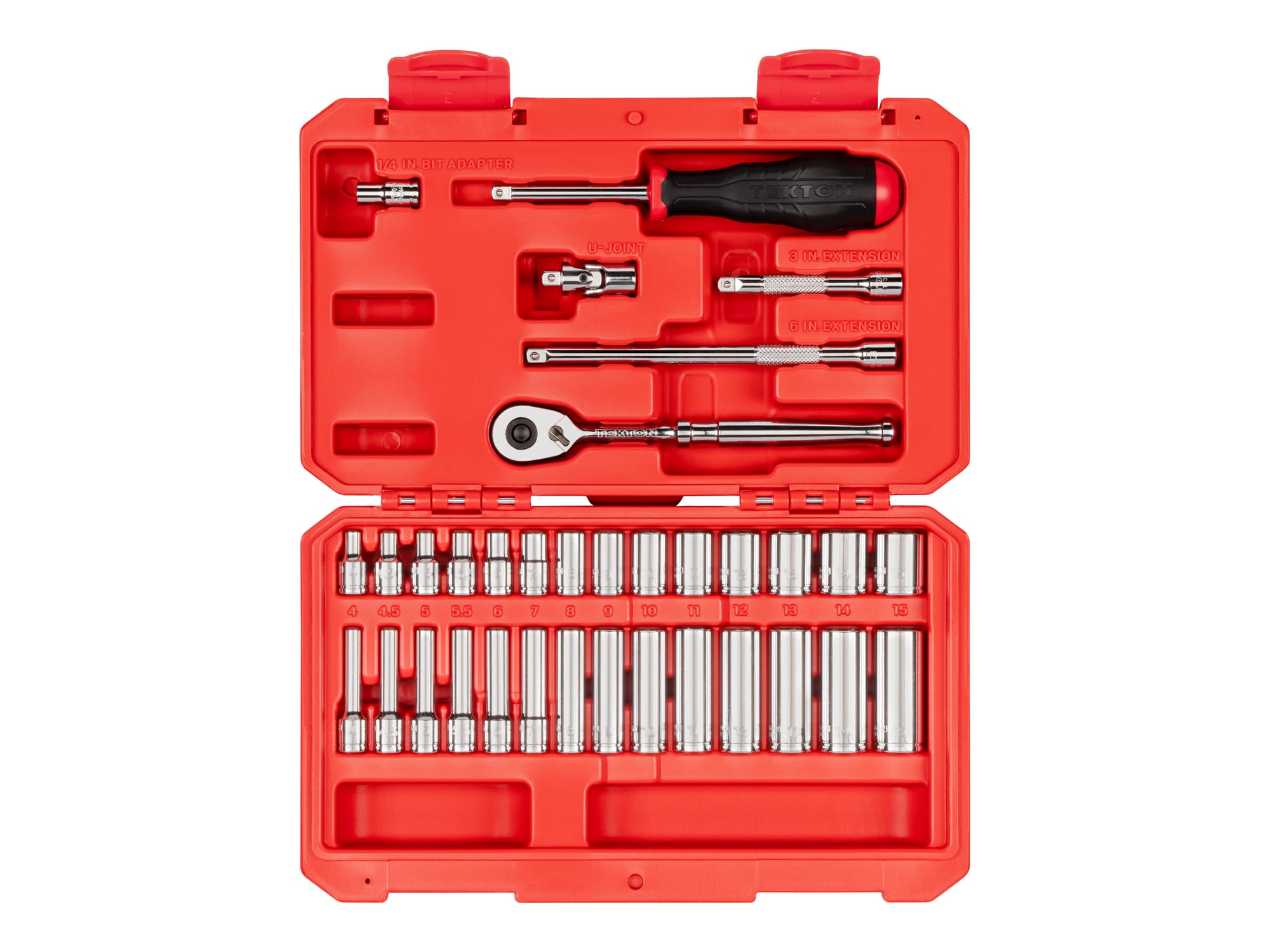 Juego de dados con chicharra 1/4" hexagonales 4-15mm 34 piezas Tekton