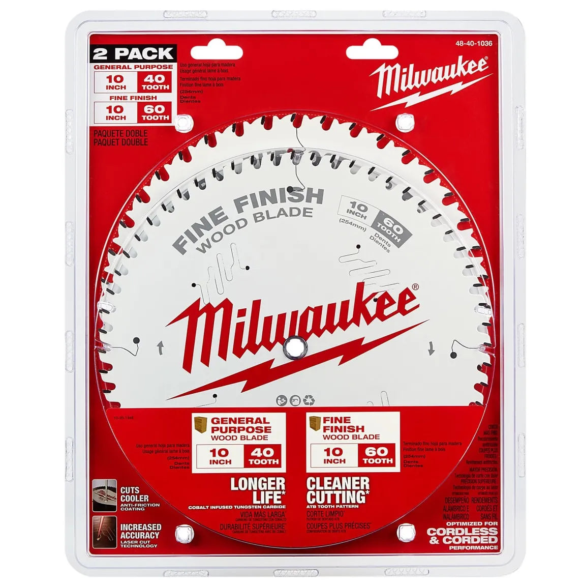 Jgo 2 piezas discos sierra para madera 10" de 40 y 60 dientes (MILWAUKEE0039) - MILWAUKEE