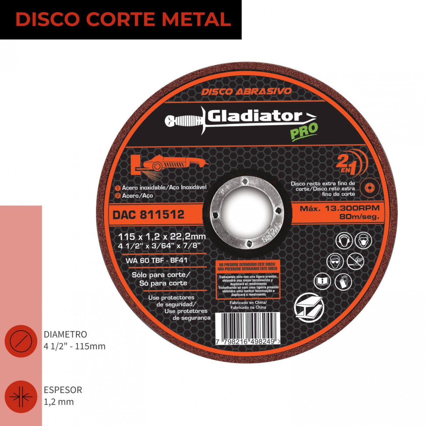 DISCO CORTE 4 1/2" x 1.2mm METAL/INOX DAC 811512