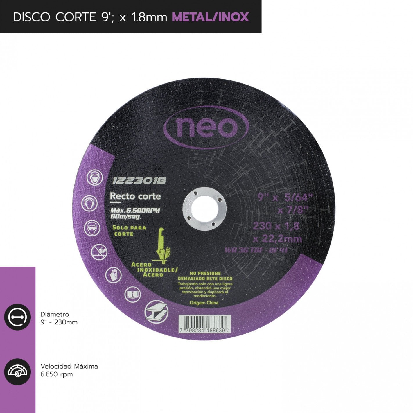 DISCO CORTE 9 x 1.8mm METAL/INOX 1223018