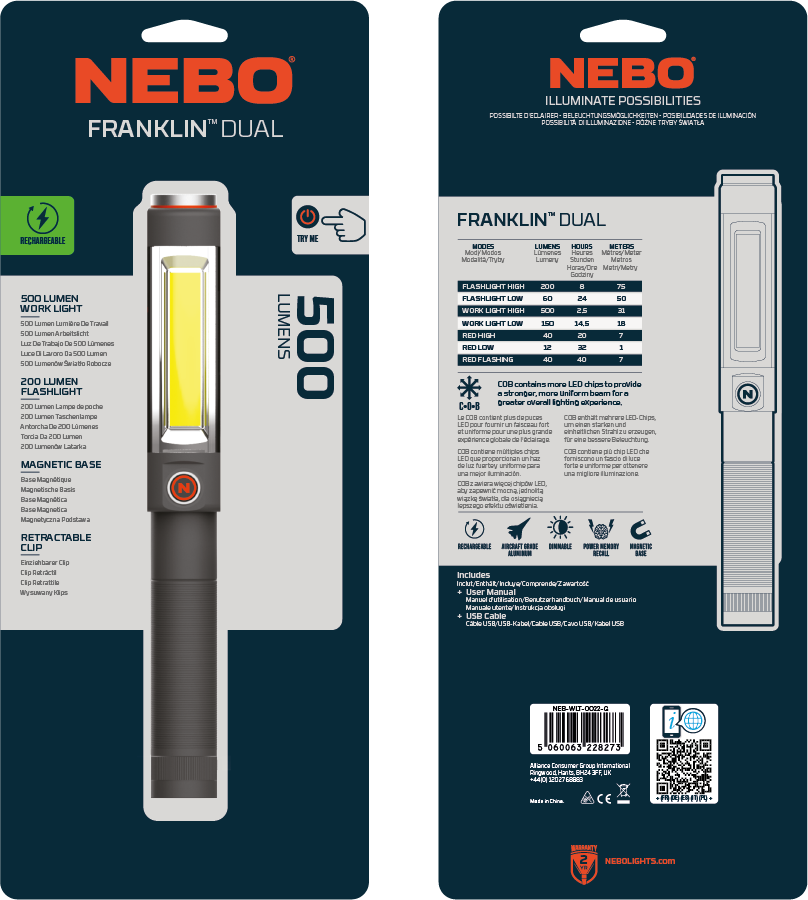 Linterna franklin dual 500l haz 200mt recarga usb (WLT-0022-G) - NEBO