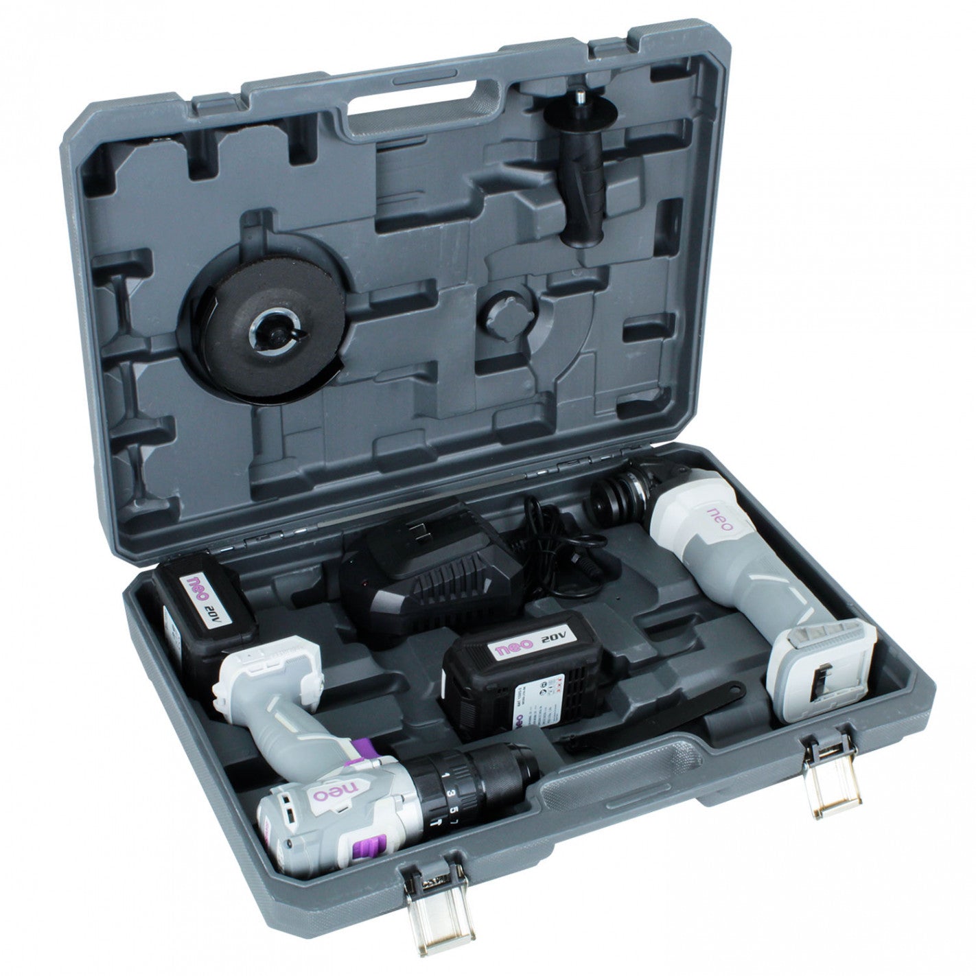 KIT TALADRO + ESMERIL BRUSHLESS 20V 2 BAT 3 AMP - NEO