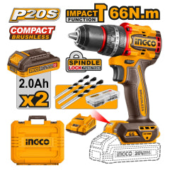 TALADRO ATORN. PERCUTOR INGCO INALAM. 20V - C/2 BAT.2.0AH Y 1 CARGADOR #CIDLI20668  (C)