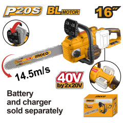 MOTOSIERRA INGCO INALAMBRICA 20V S/BATERIA Y S/CARGADOR BARRA 16" #CGSLI40168