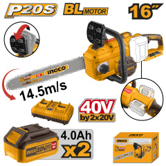 MOTOSIERRA INGCO INALAMBRICA 20V C/2 BAT. Y C/CARGADOR DOBLE, BARRA 16" #CGSLI401682