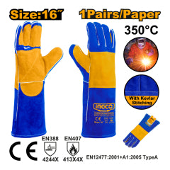 GUANTES CUERO  INGCO LARGO SOLDADOR TEMPERATURA MAX.350°  16