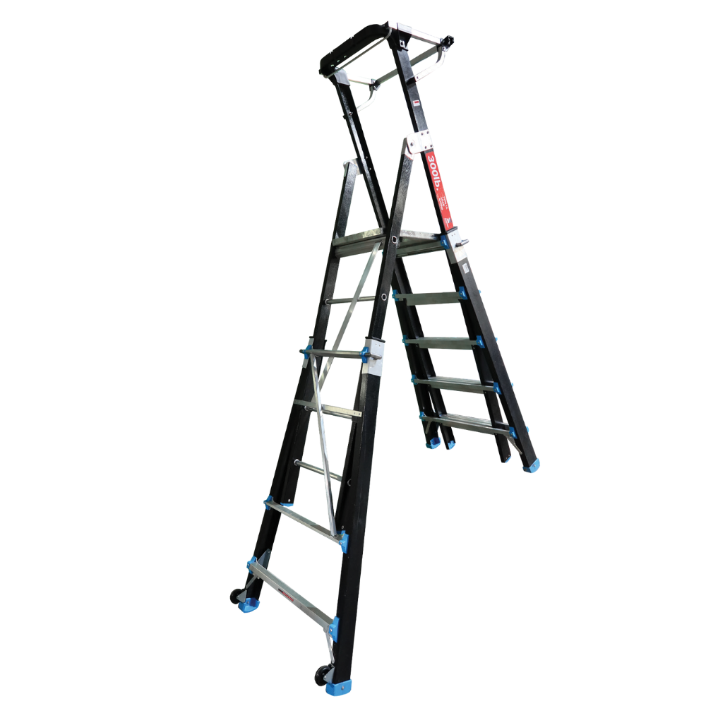 Escalera Telescópica Industrial con Jaula 5 a 9 peldaños Fibra de Vidrio SafeSmart