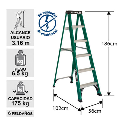 ESCALERA FIBRA VIDRIO TIJERA 6 PELDA OS 1.86 MTS 175 KG CUPRUM