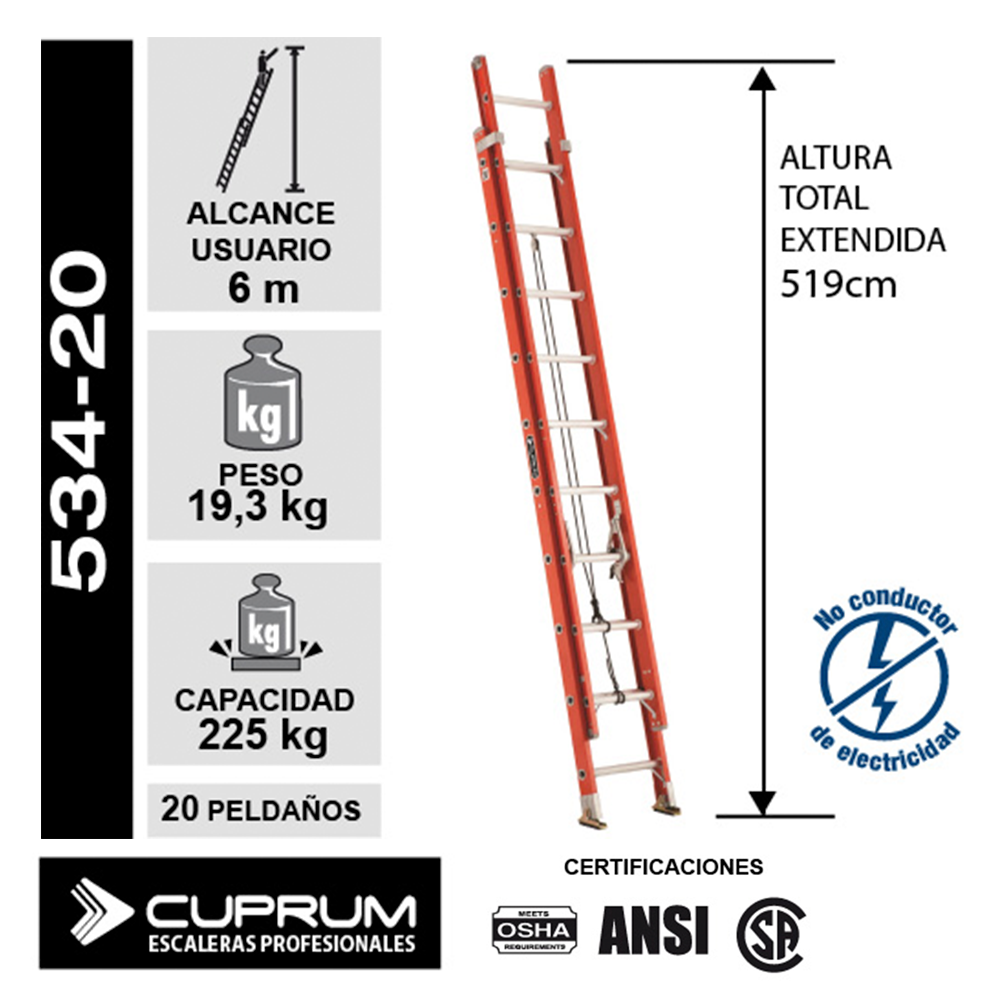 ESCALERA FIBRA VIDRIO TELESCOPICA 5.18 M. CUPRUM