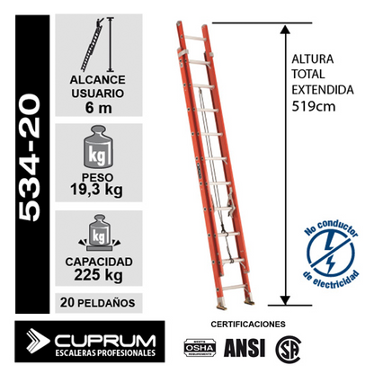 ESCALERA FIBRA VIDRIO TELESCOPICA 5.18 M. CUPRUM