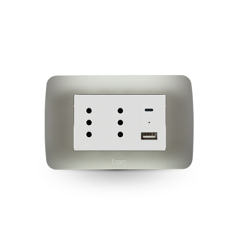 TOMA CORRIENTE DUPLEX 10A + 2 USB PLATA BLANCO ARMADA
