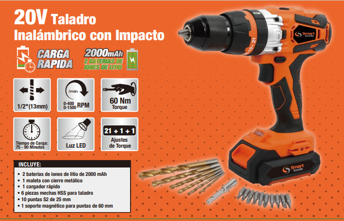 Taladro Impacto Inalambrico LI-ION 20V13MM, 60NM Smart Tools