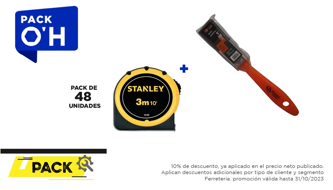 Pack 48 unidades, huincha 3.0 mts.x 1/2" global plus + brocha (STANLEY0010) - STANLEY