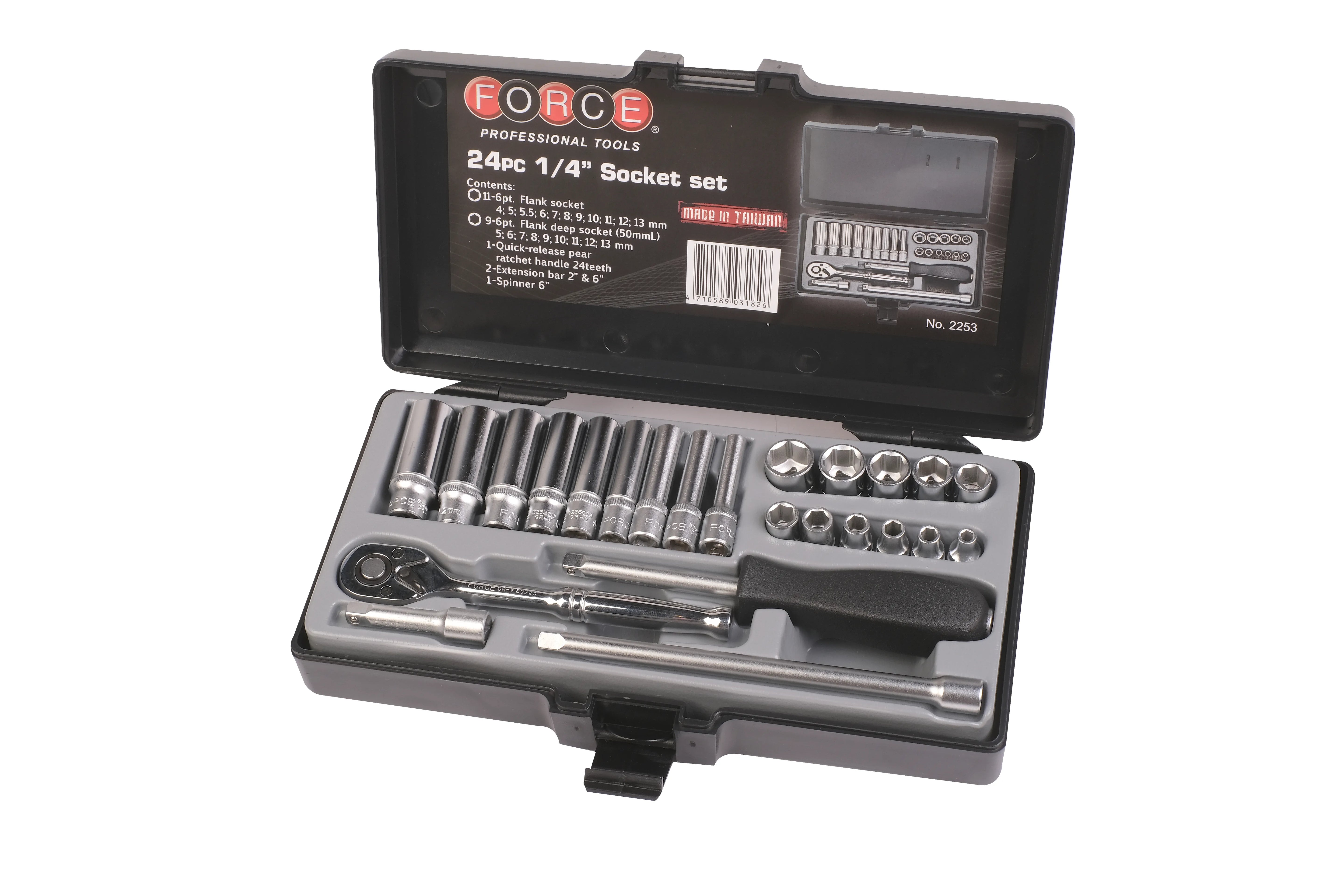 Jgo. dados []1/4" 24 pz., m/m., hexagonal (2253) - FORCE