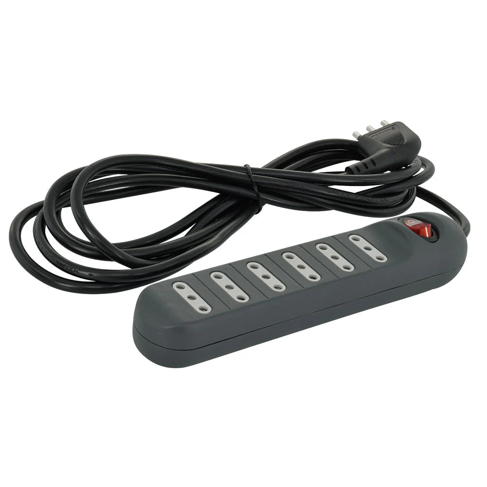 Alargador múltiple negro 6 tomas, con interruptor, 2P+T, 10A