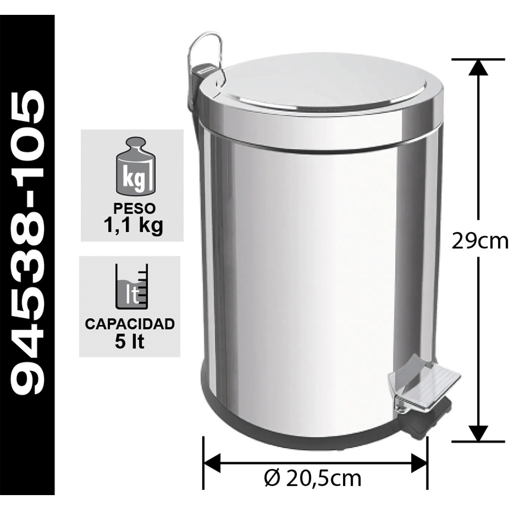 BASURERO PEDAL 5L ACERO INOX TRAMONTINA