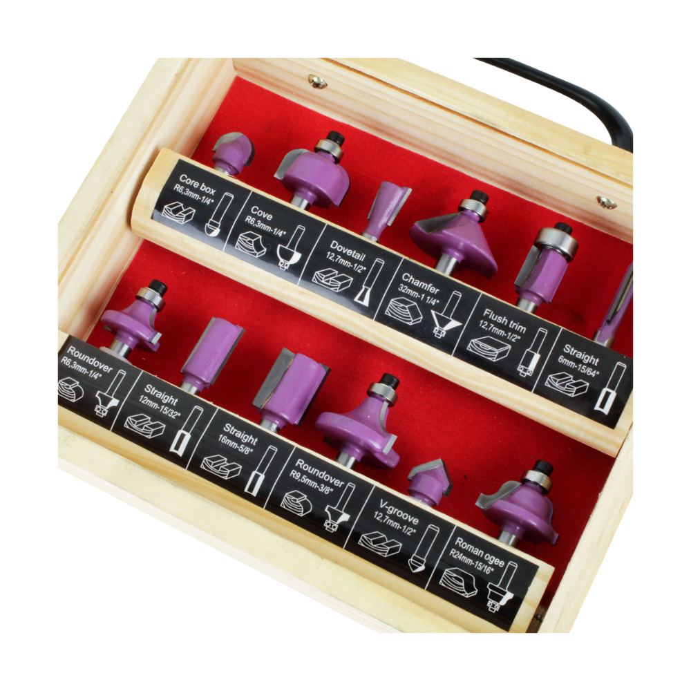 JUEGO 12 FRESAS EJE 1/4" Caja de madera