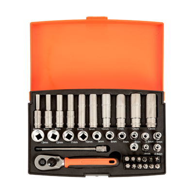 Juego Dados Largos C- 1/4 + accesorios 4 A 13 MM  37 Piezas