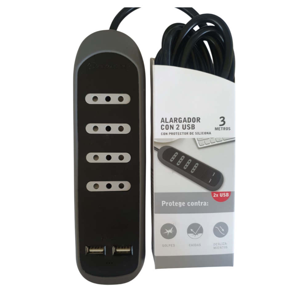 Halux Alargador zap. gummy 4 tomas+2USB, 3metros negro
