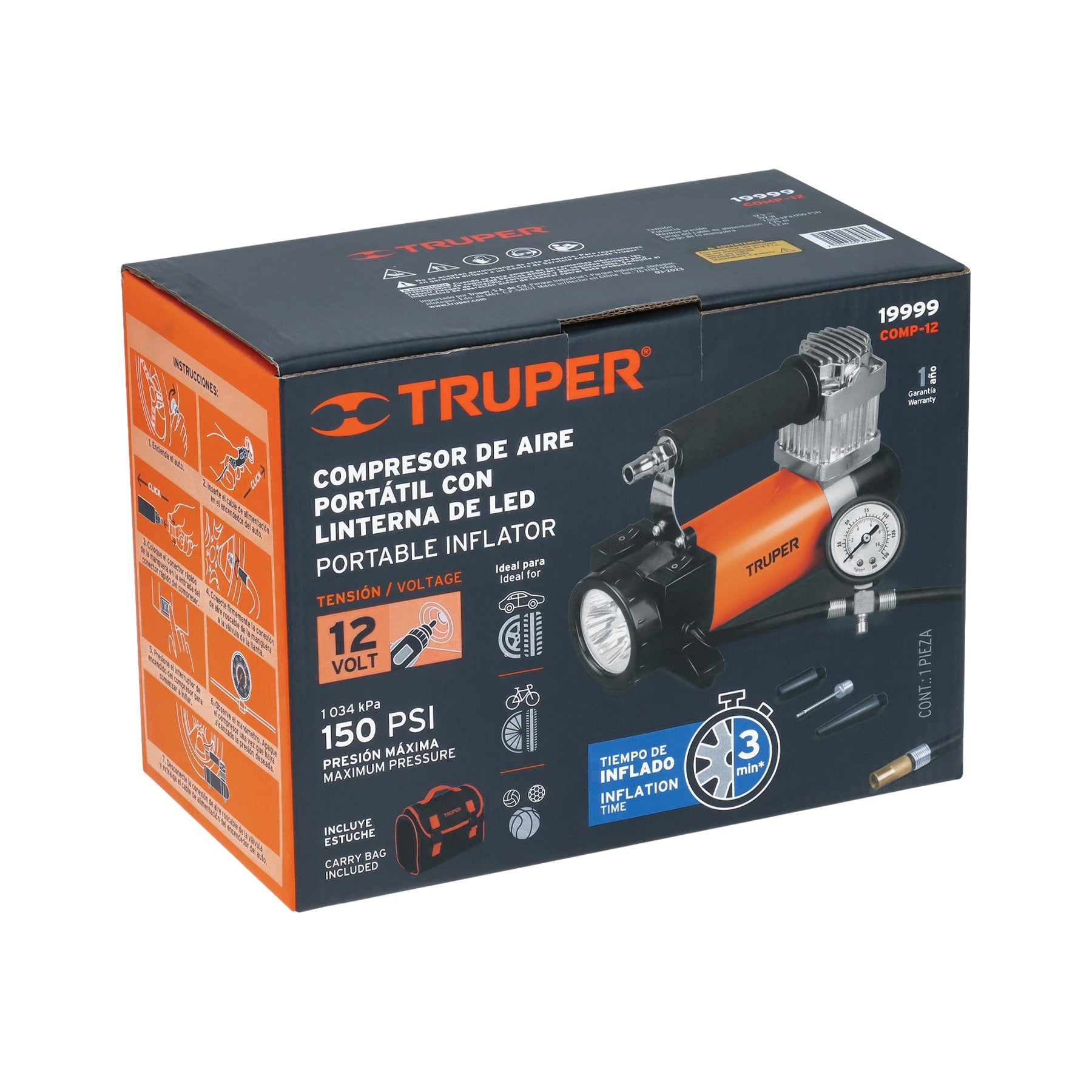 COMPRESOR AIRE TRUPER PORTATIL P/AUTO CON LINTERNA 0-35 PSI # COMP-12 (19999)