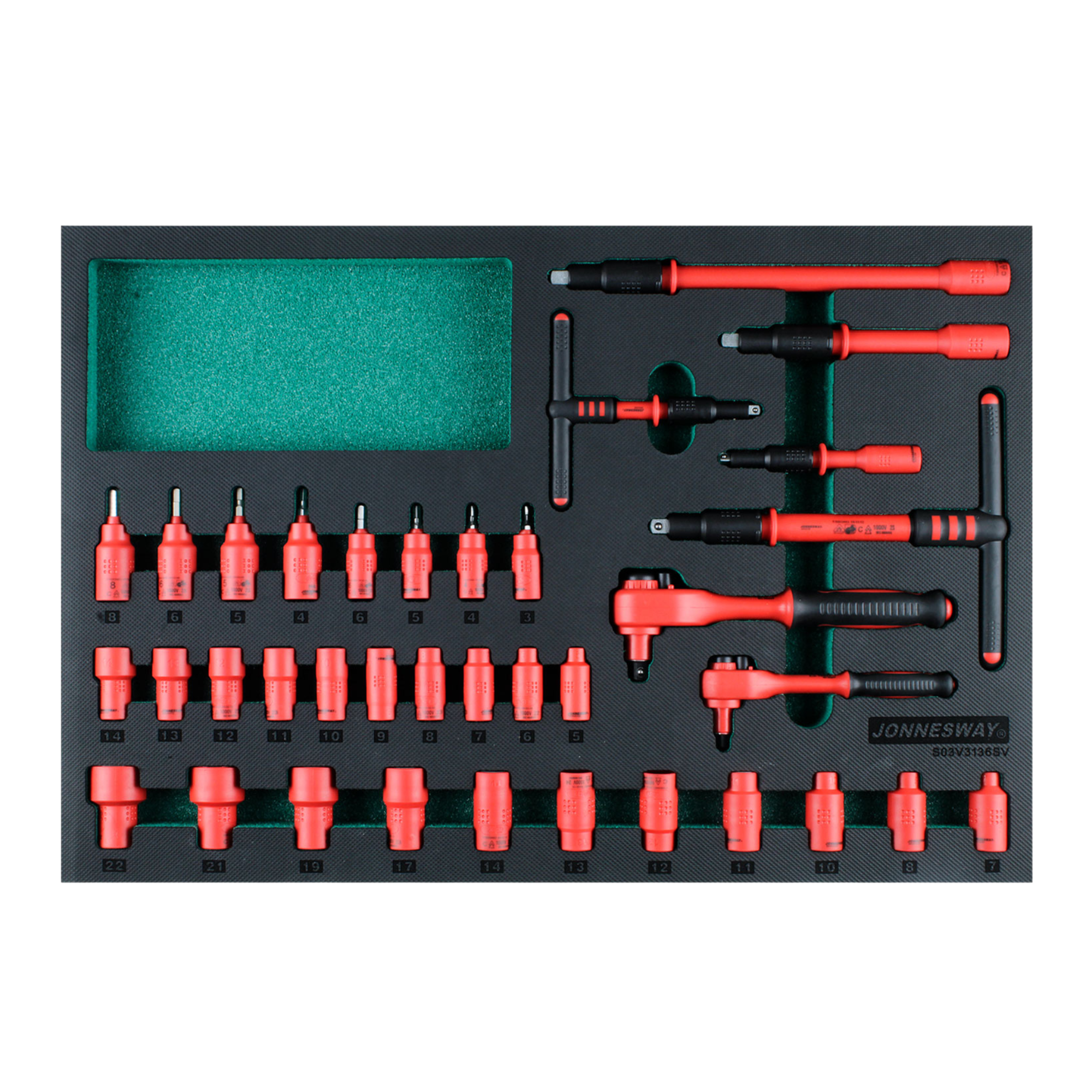 bandeja 36 dados aislados 1/4"y 3/8"1000v (S03V3136SV) JONNESWAY