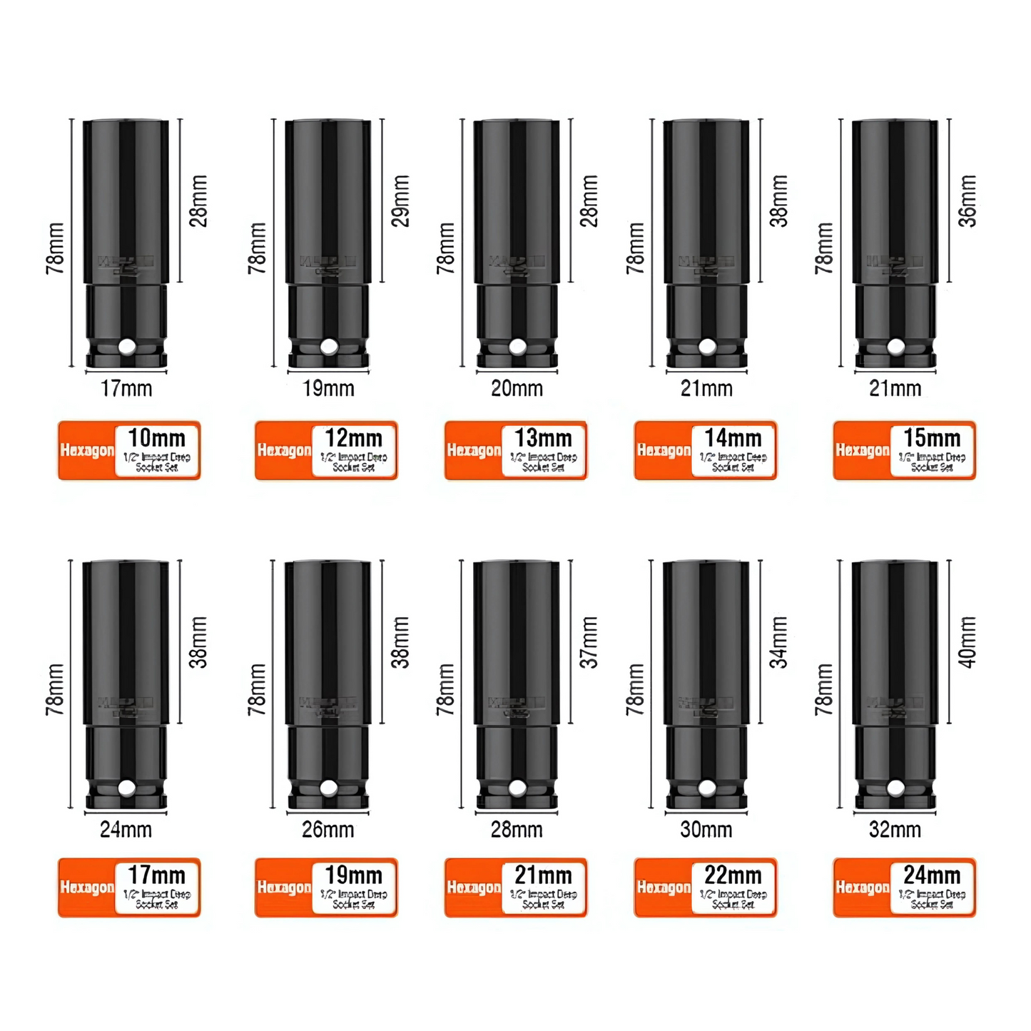 Juego de 10 vasos de impacto profundos de 1/2 HARDEN