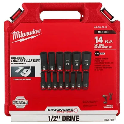 JGO DADOS IMPACTO LARGO 1/2[] HEXAG. 14 PIEZAS 10-27MM (49-66-7014) MILWAUKEE