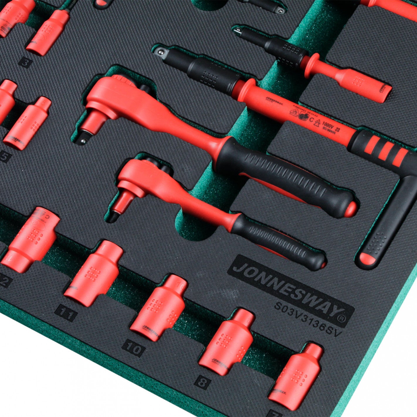 BANDEJA 36 DADOS AISLADOS 1/4y 3/8 S03V3136 1000V VDE - JONNESWAY