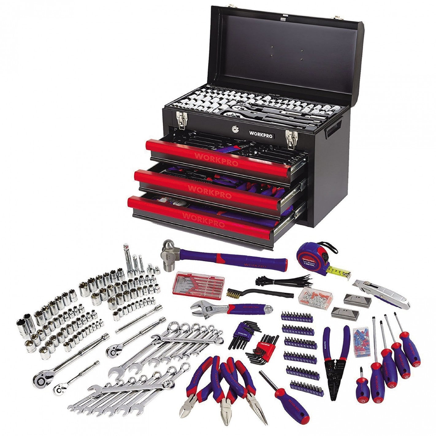 BAUL DE HERRAMIENTAS 3 CAJONES 408 PIEZAS METALICO (WK-BH3C408) - WORKPRO