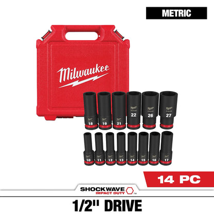 JGO DADOS IMPACTO LARGO 1/2[] HEXAG. 14 PIEZAS 10-27MM (49-66-7014) MILWAUKEE