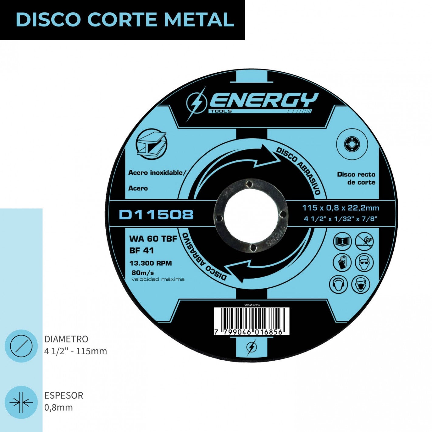 DISCO CORTE 4 1/2" X 0,8mm METAL/INOX D11508 (D11508) - ENERGY