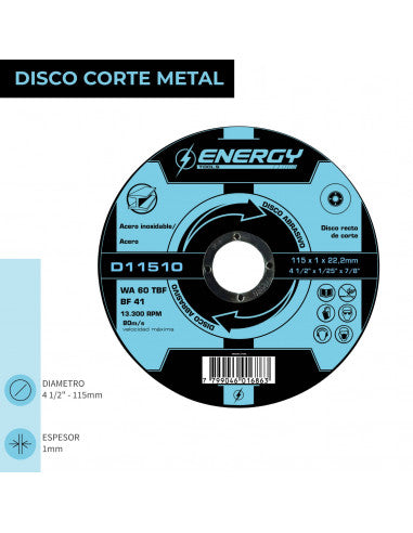 DISCO CORTE 4 1/2" X 1,0mm METAL/INOX D11510 (D11510) - ENERGY