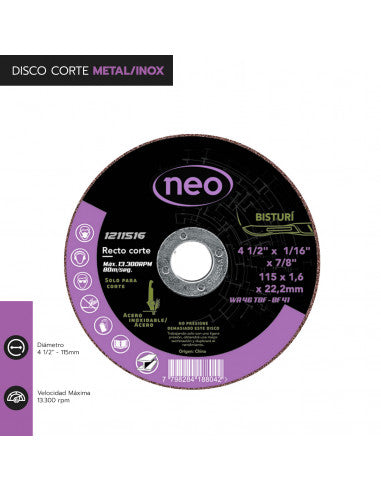 DISCO CORTE 4 1/2" x 1.6mm METAL/INOX 1211516 (1211516) - NEO