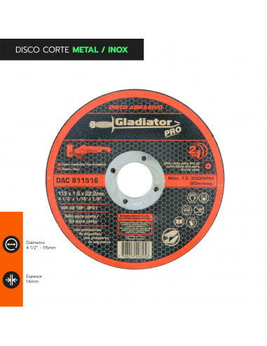 DISCO CORTE 4 1/2" X 1,6mm METAL/INOX DAC 811516 (811516) - GLADIATOR