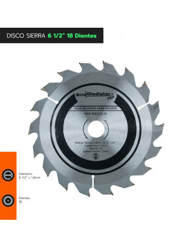 DISCO DE SIERRA 6 1/2" x 1,4mm 18 DTES HSM 8165 (8165) - GLADIATOR