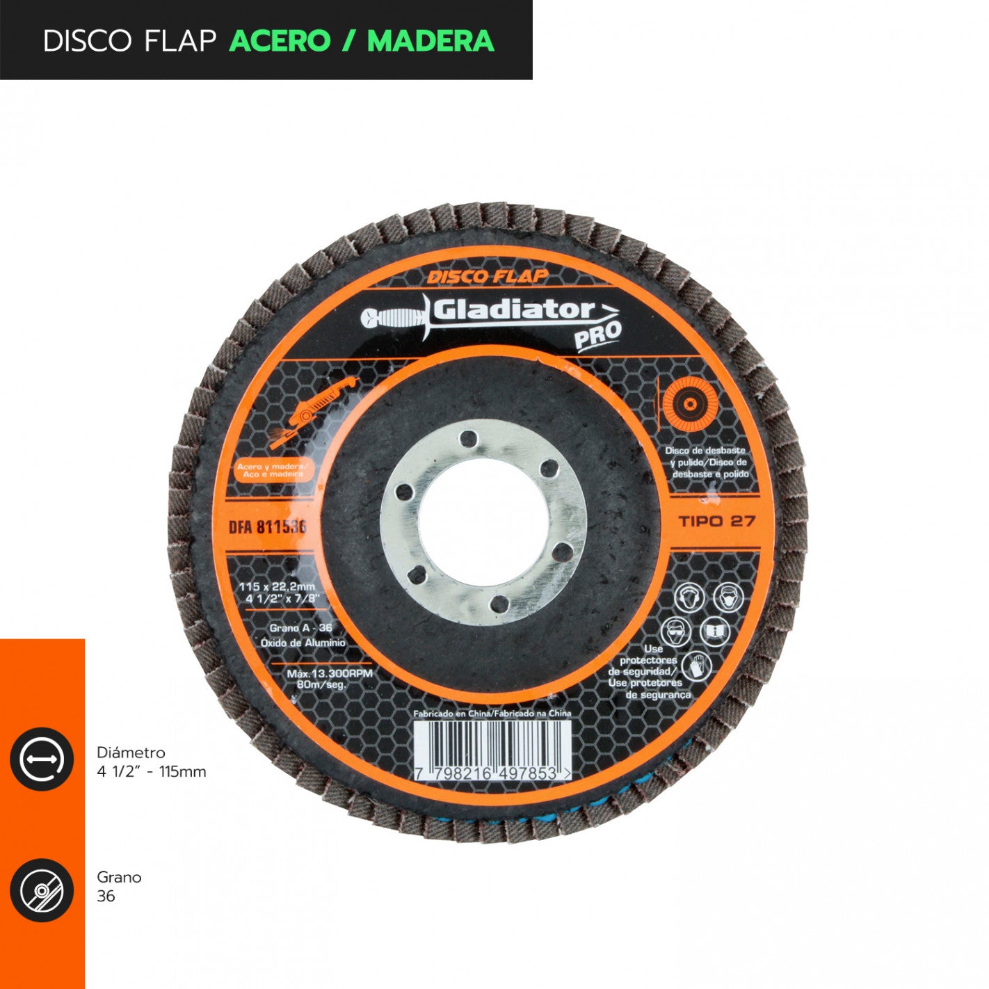 DISCO FLAP 4 1/2" ACERO / MADERA GR36 DFA 811536 (811536) - GLADIATOR