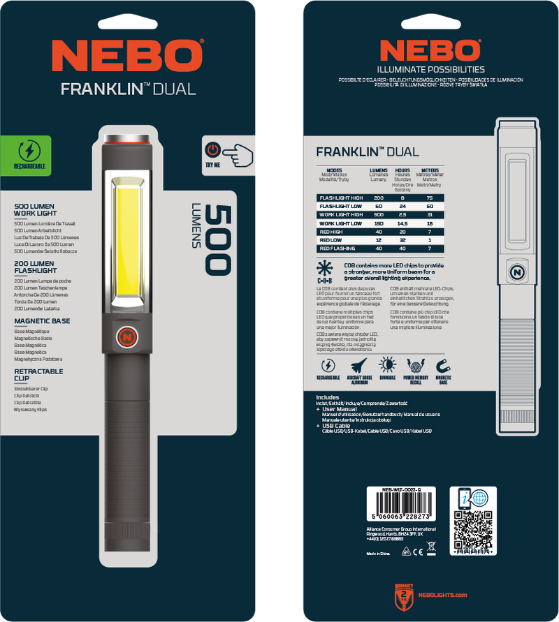 Linterna franklin dual 500l haz 200mt recarga usb (WLT-0022-G) - NEBO