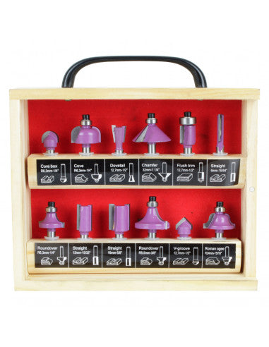 JUEGO 12 FRESAS EJE 1/4" Caja de madera