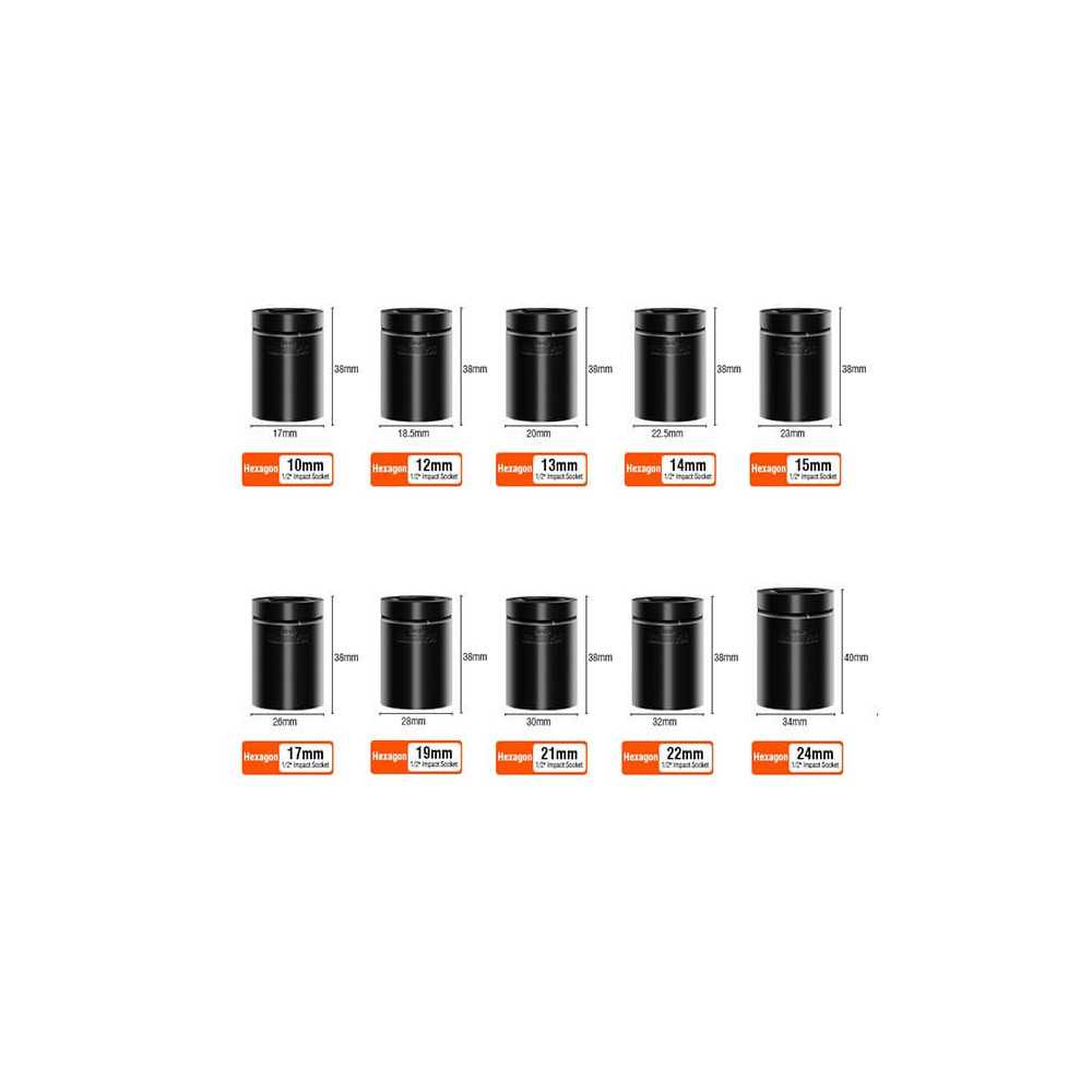 Set de Dados de Impacto 1/2" cortos 10 Piezas Harden